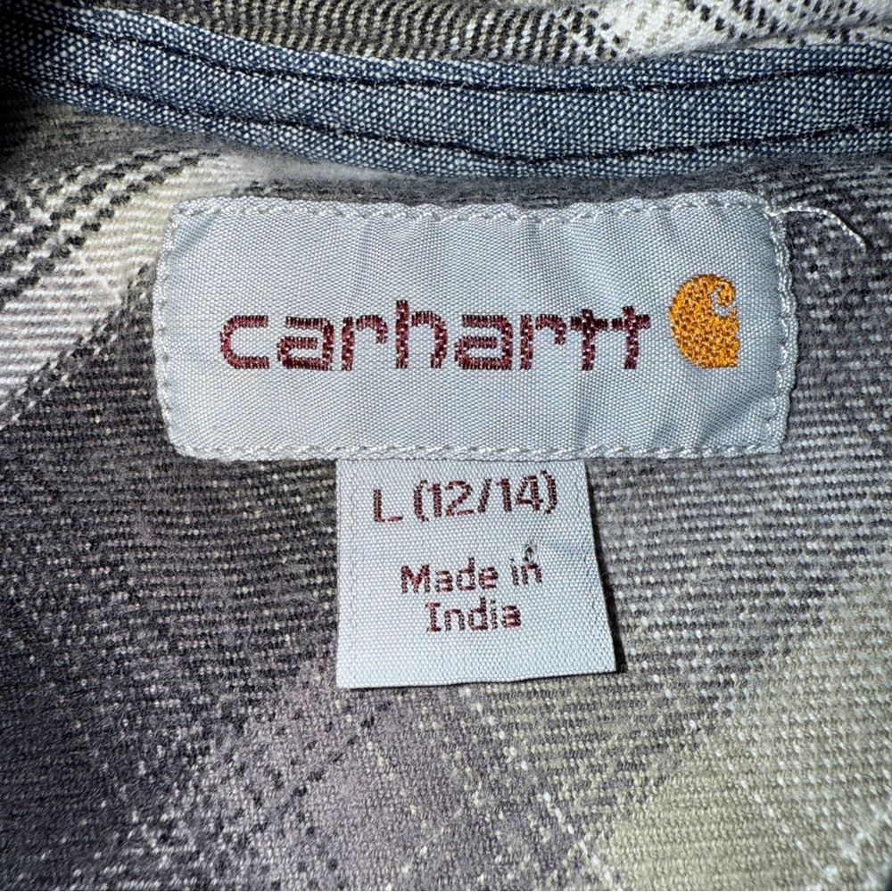 Carhartt Youth Large Hooded Flannel Shirt Plaid Button-Up Black Gray Boys Girls - Picture 4 of 6